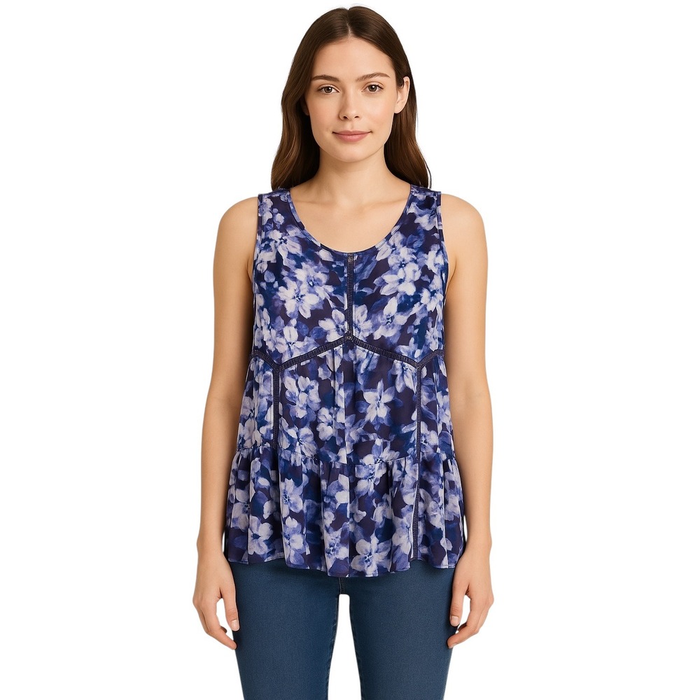 Jessica Simpson Large Top Blue Floral Tiered Oversized Trapeze Sleeveless 1672‎